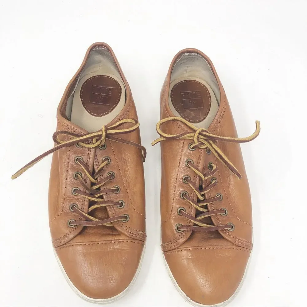 FRYE | Mindy Low Top Lace Up Sneakers Tan Leather Shoes Women’s Size 7.5